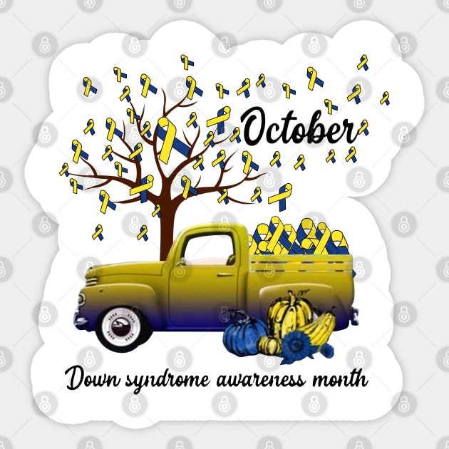 Blue And Yellow Ribbon Pumpkin Truck Down Syndrome Awareness Sticker by HomerNewbergereq